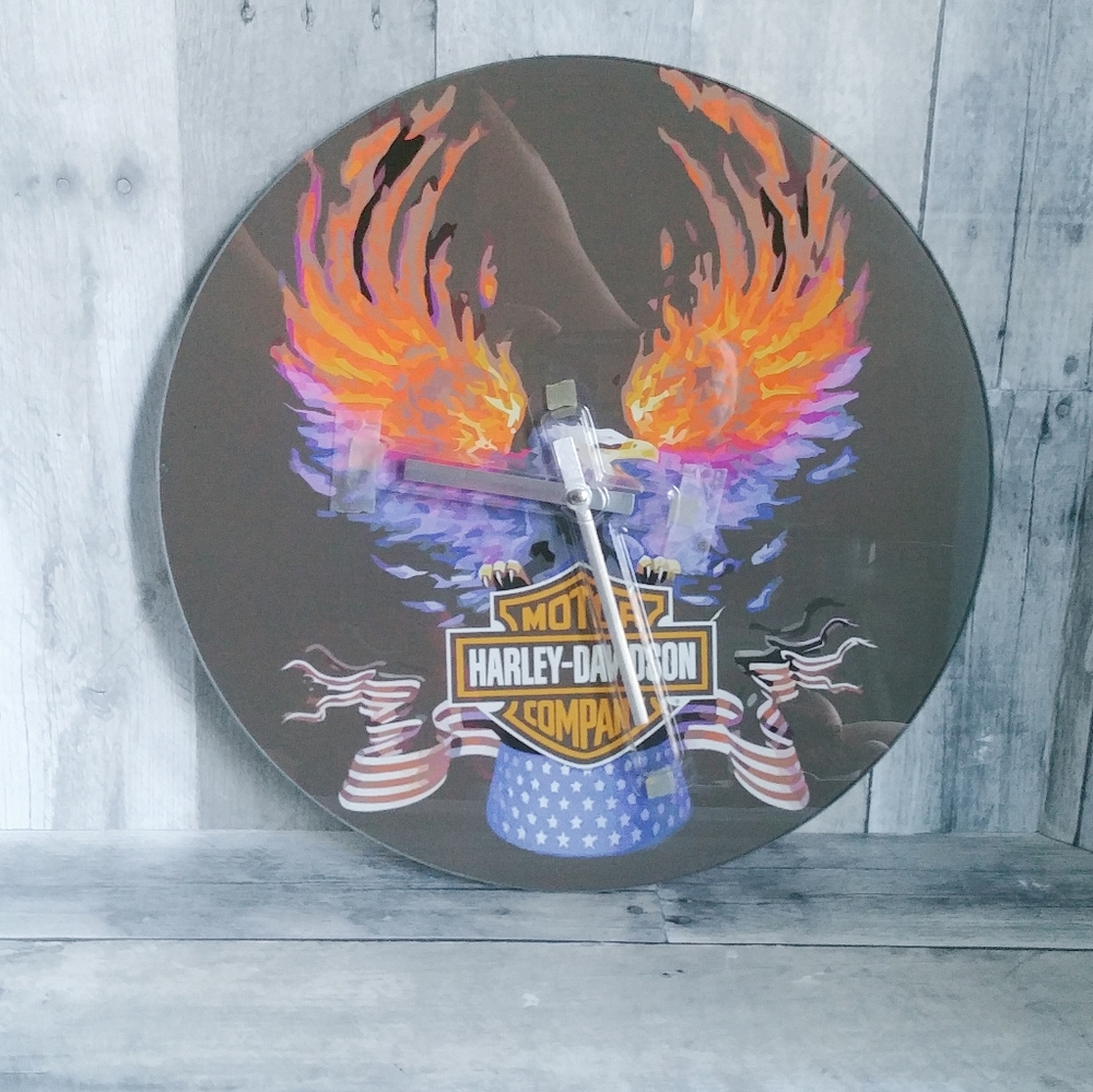 Harley Davidson Flaming Wings American Banner Glass Wall Clock VERY RARE